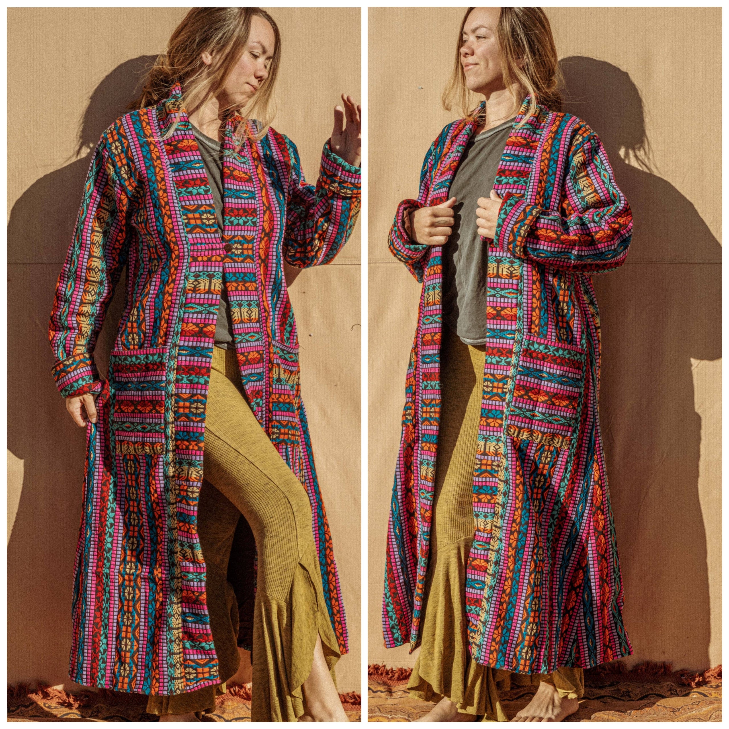 Unisex Long Hippie Boho Jacket Handmade Festival Trench Coat One Size Earth Mama